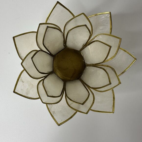 Capiz Shell Lotus Tealight Candle Holder Cork Bottom Brass Trim Delicate - Picture 3 of 14